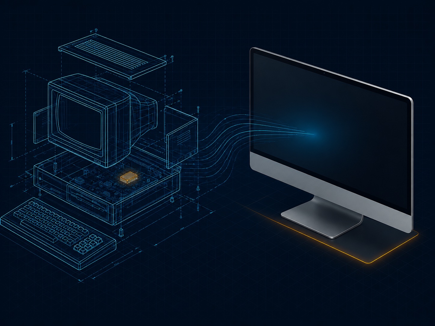 A vintage computer being rebuilt as a glowing blueprint